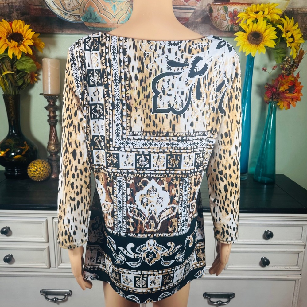 JM Collection Tunic Top Boho Maximalist Leopard Animal Print 3/4 Sleeve - Picture 6 of 7